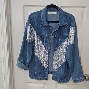 Sparkling Blue Denim Jacket with Silver Sequins